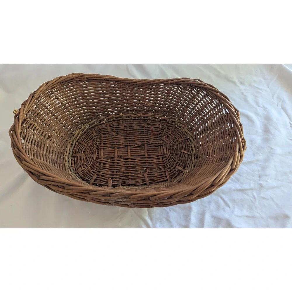 Vintage Style Brown Wicker Oval Storage Basket Footed Farmhouse Decor 14.5in